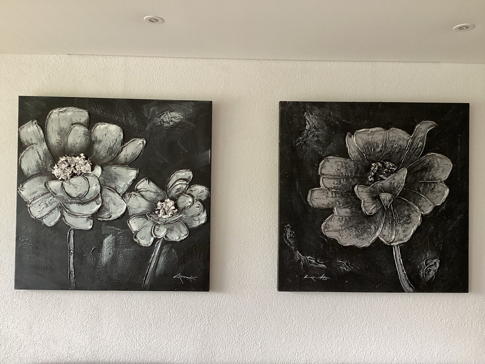 Set van 2 handgeschilderde bloemschilderijen met textuur, Ophalen, Acrylverf, 3D-effect, Bloemen