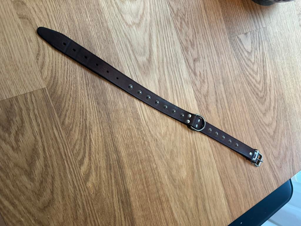 Halsband van leer met spikes - bruin - 54 cm, Ophalen of Verzenden