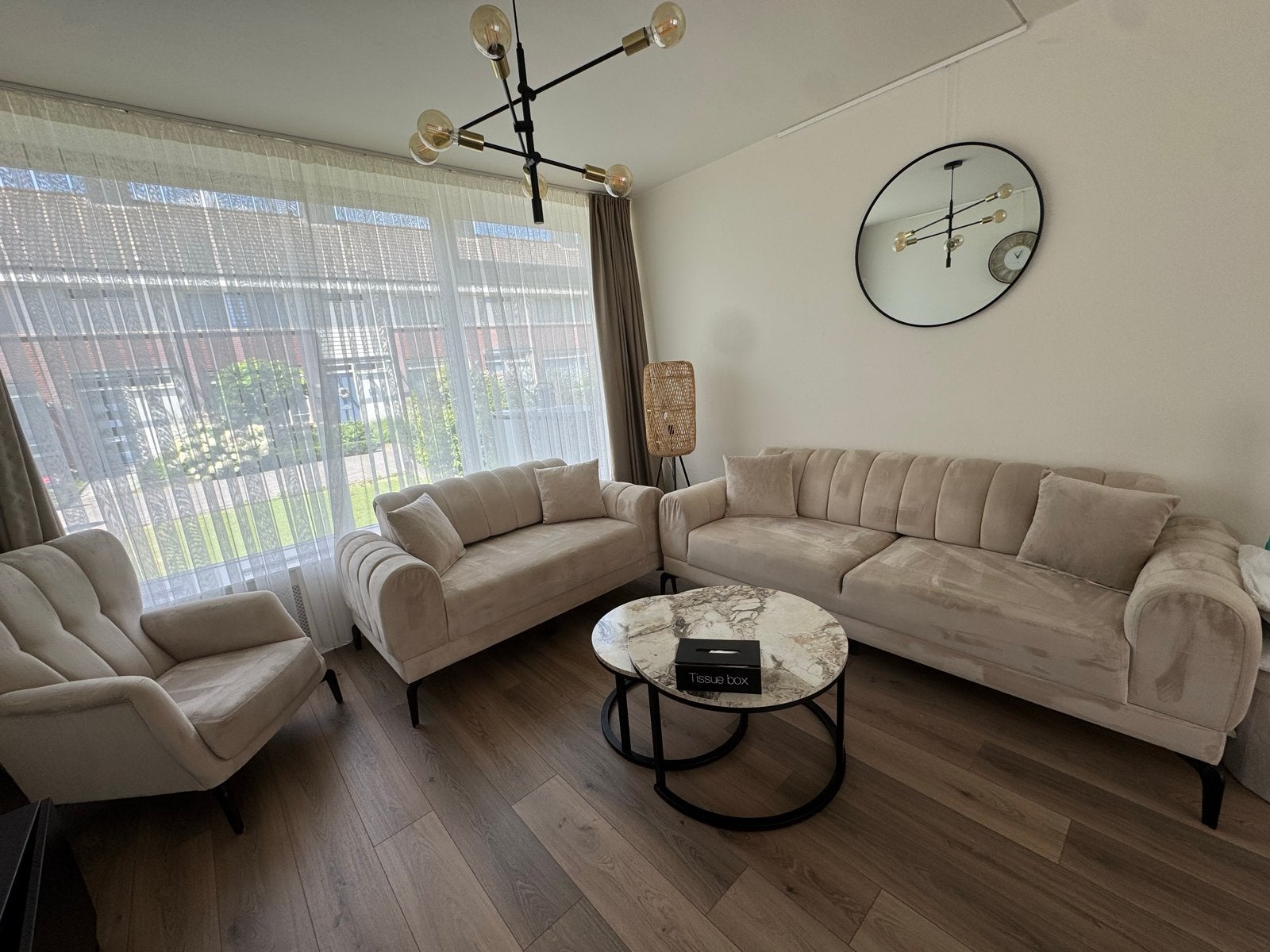 Velours bankstel beige 3+2+1, Ophalen, Gebruikt, 75 tot 100 cm, Rechte bank