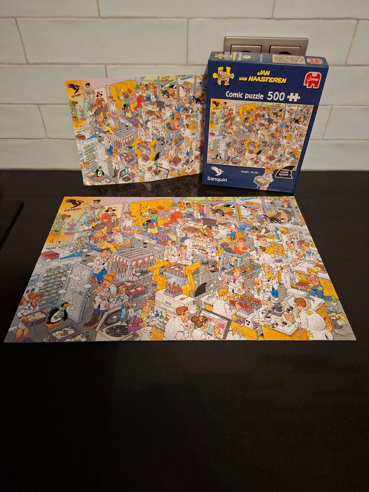 Jan van Haasteren puzzel Sanquin bloedbank 500 stukjes, Ophalen of Verzenden, 500 t/m 1500 stukjes, Zo goed als nieuw, Legpuzzel
