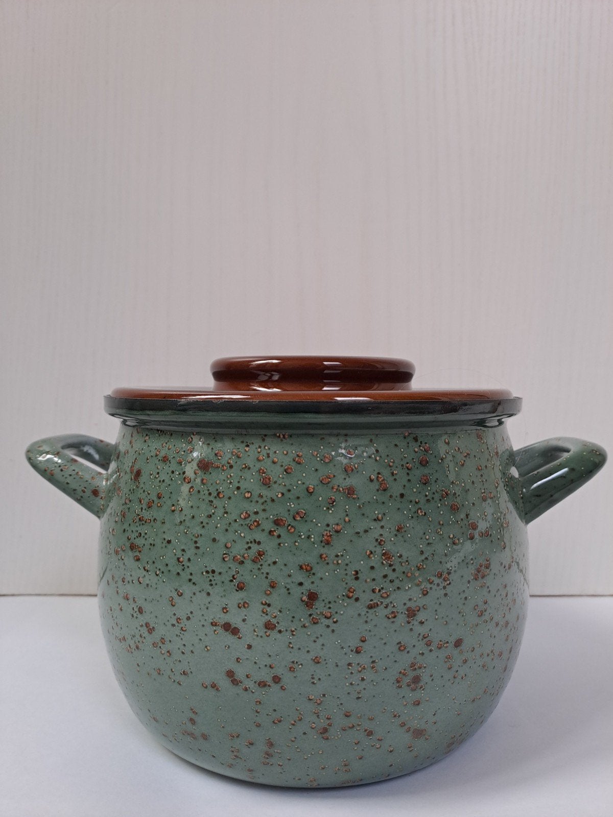 Zeldzame groene vintage emaille pan met bruine deksel, Ophalen of Verzenden, Zo goed als nieuw, Emaille, Kookpan