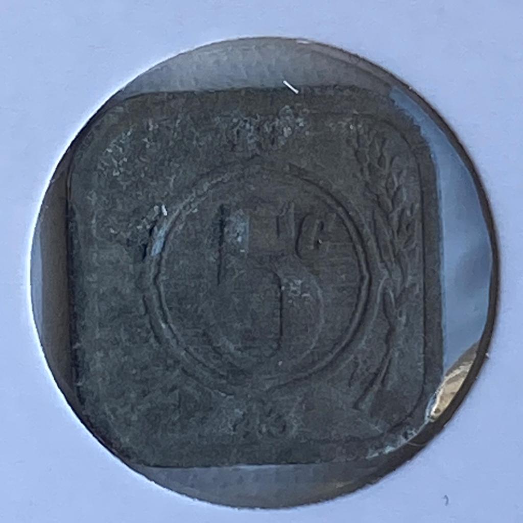 5 Cent Zink / Vierkante Stuiver uit 1943 van Wilhelmina, Postzegels en Munten, Munten | Nederland, Verzenden, Koningin Wilhelmina