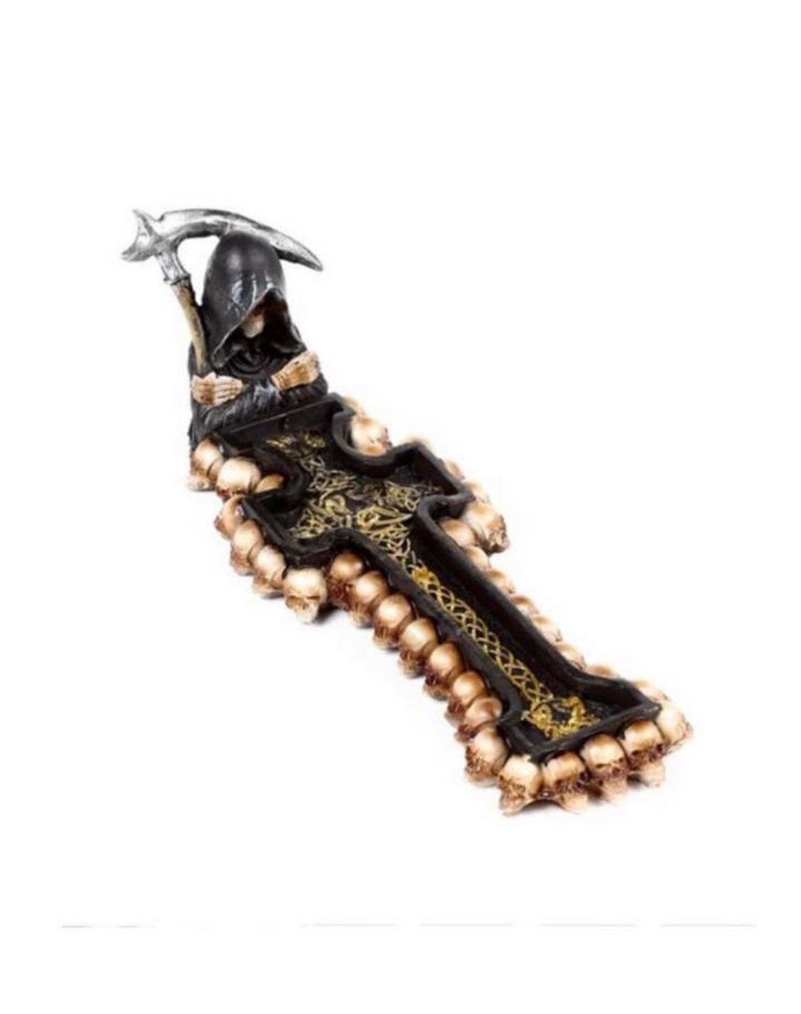 Unieke Wierookhouder Kruis met Doodskoppen & Reaper, Verzamelen, Beelden en Beeldjes, Ophalen of Verzenden, Nieuw, Fantasy