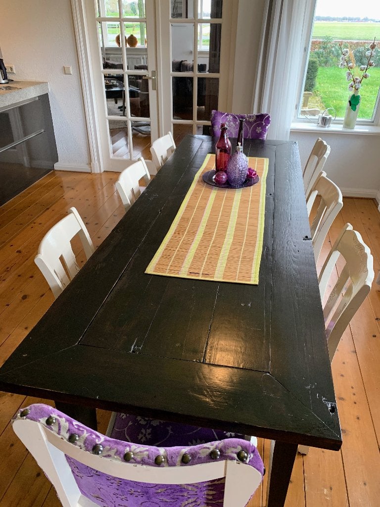 Robuuste eettafel van originele wagonplanken (2,5 meter), Ophalen, Gebruikt, Koloniaal, 200 cm of meer