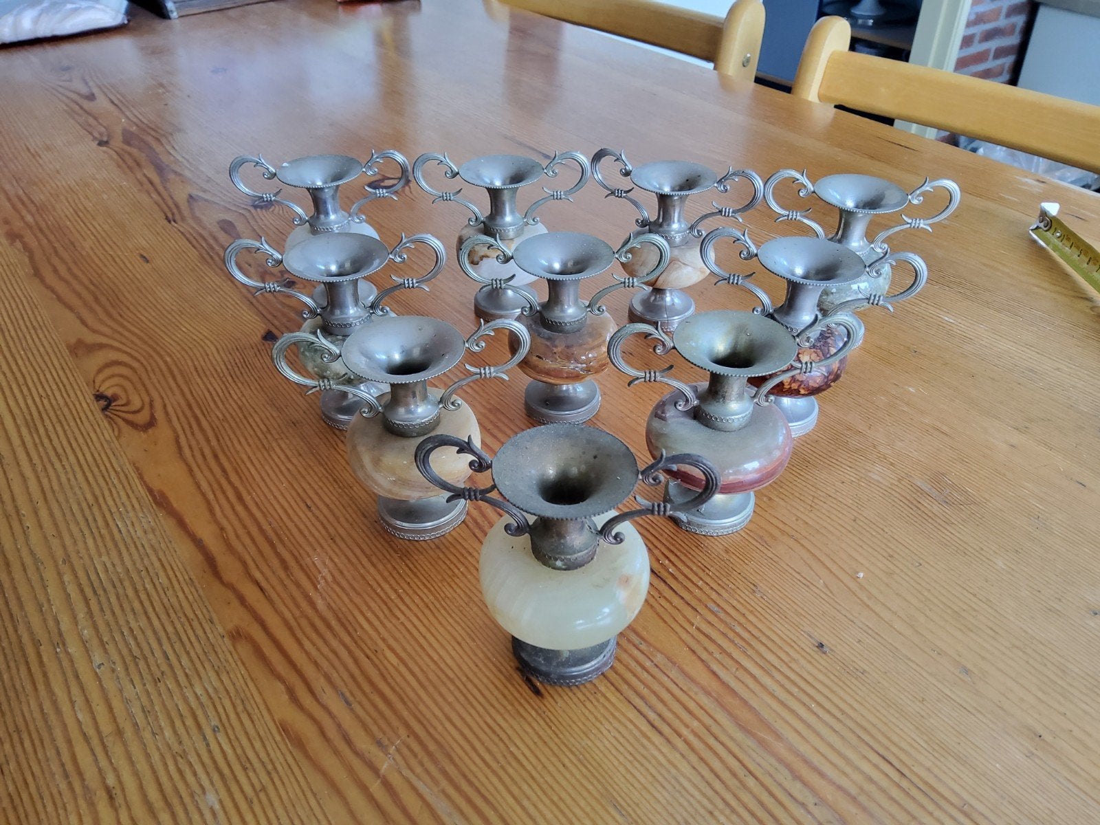 Set van 10 antieke onyx en tinnen miniatuur vazen, Ophalen of Verzenden