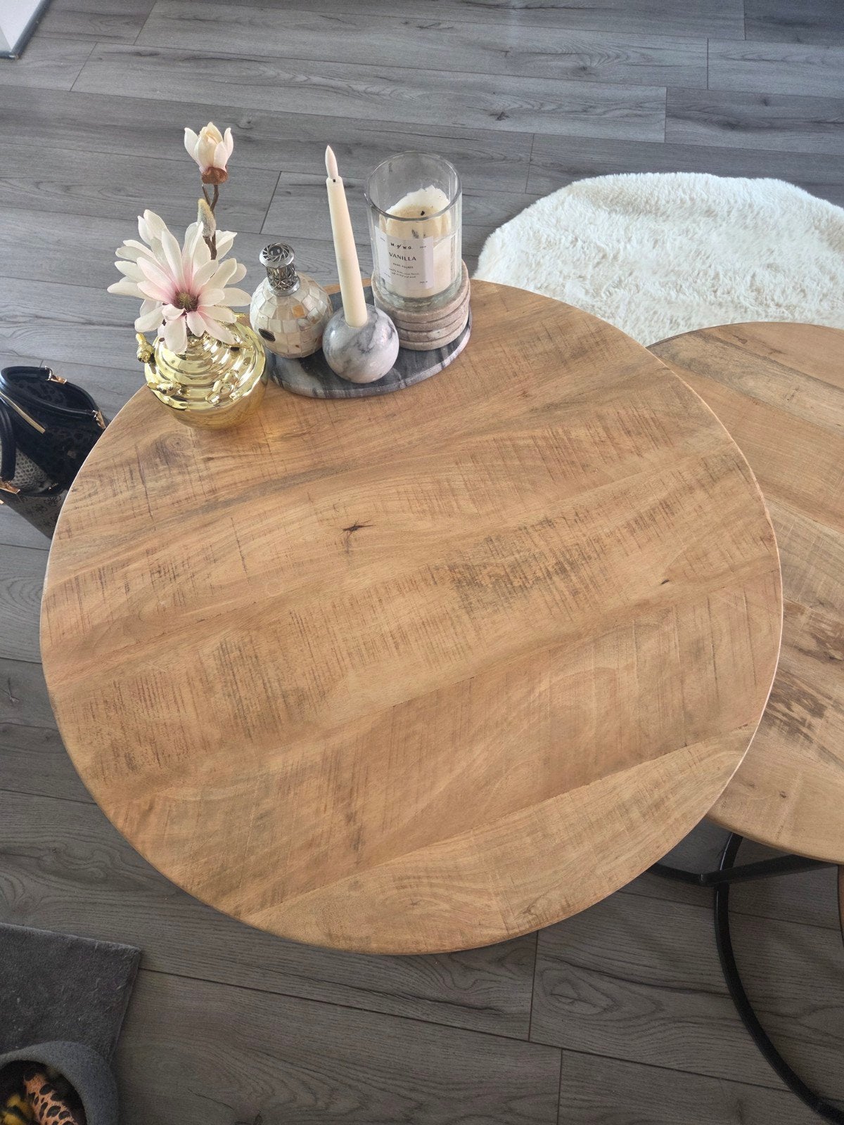 Set van 3 houten bijzettafels te koop, 50 tot 100 cm, Rond, Tot twee personen, Zo goed als nieuw