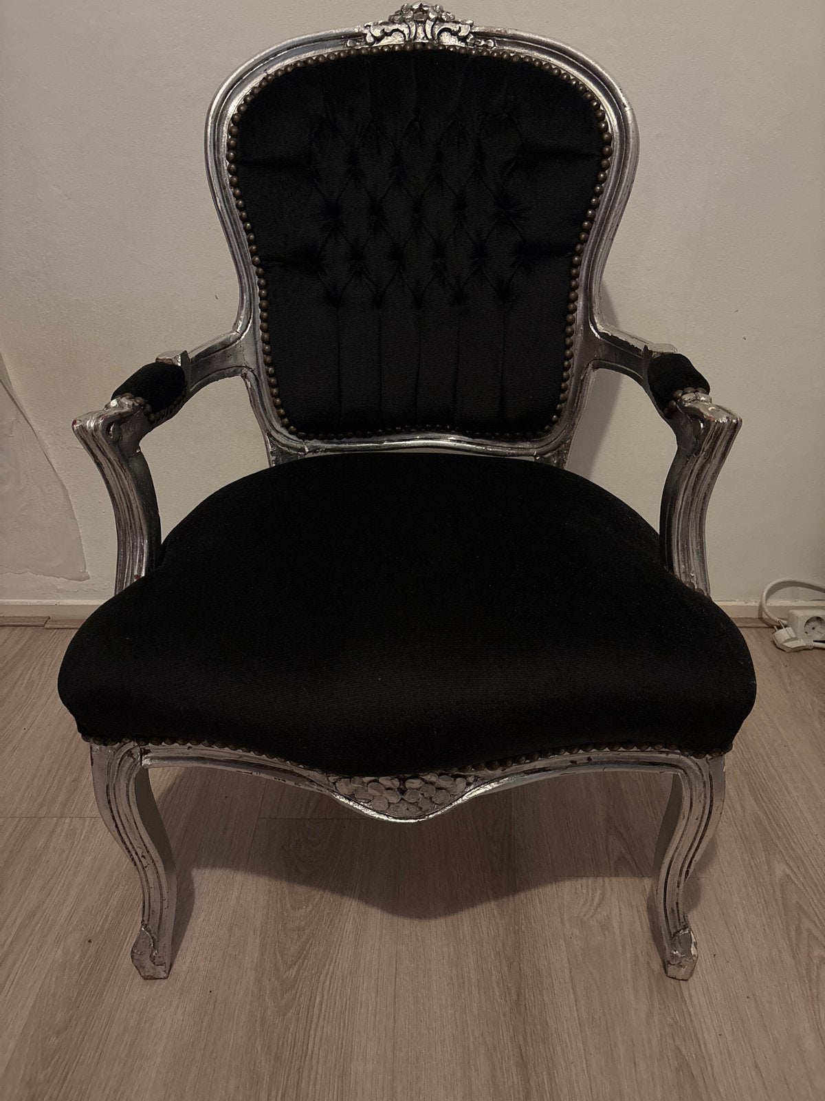 Barokke fauteuil - Zwart fluweel met zilveren frame, Ophalen, Zo goed als nieuw, Minder dan 75 cm, 50 tot 75 cm