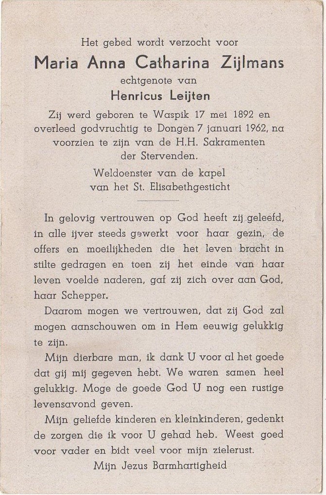 Maria A.C. Zijlmans 1892 Waspik + 1962 Dongen, 69 jaar oud, Ophalen of Verzenden
