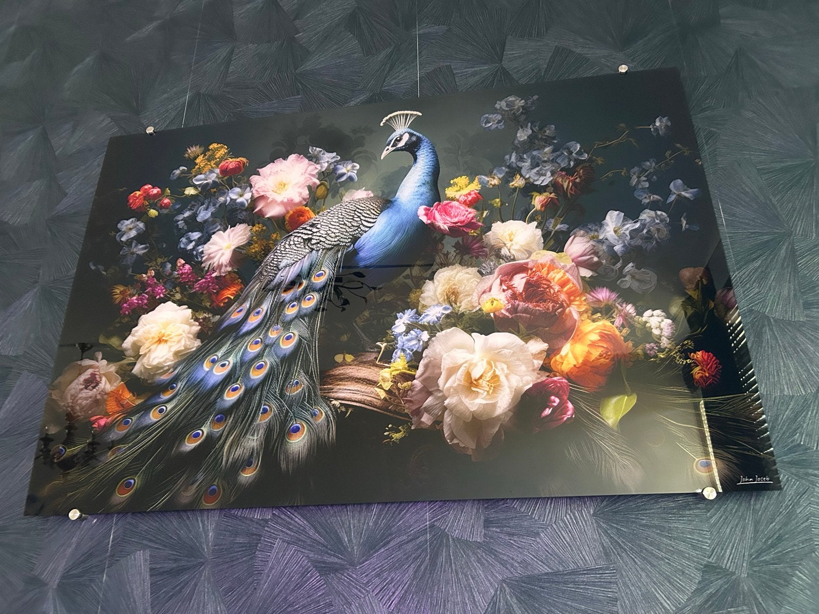 Acryl schilderij Pauw met Bloemen 120x80 cm, Ophalen, Acrylverf, Dieren, Overige materialen