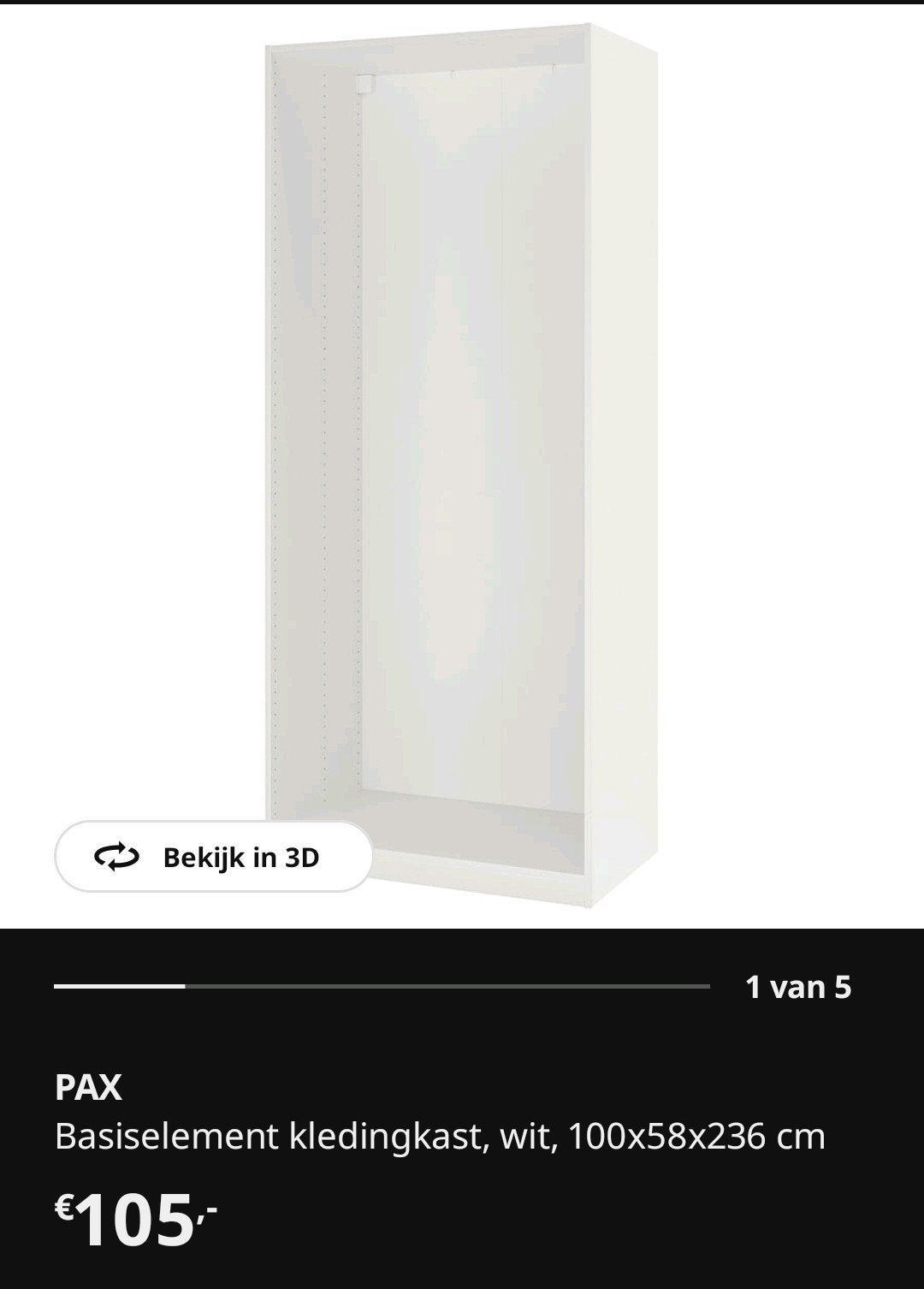 IKEA Pax basiselement kast Wit 100x58x236 incl 4 planken, Ophalen, Met plank(en), 200 cm of meer, 50 tot 100 cm