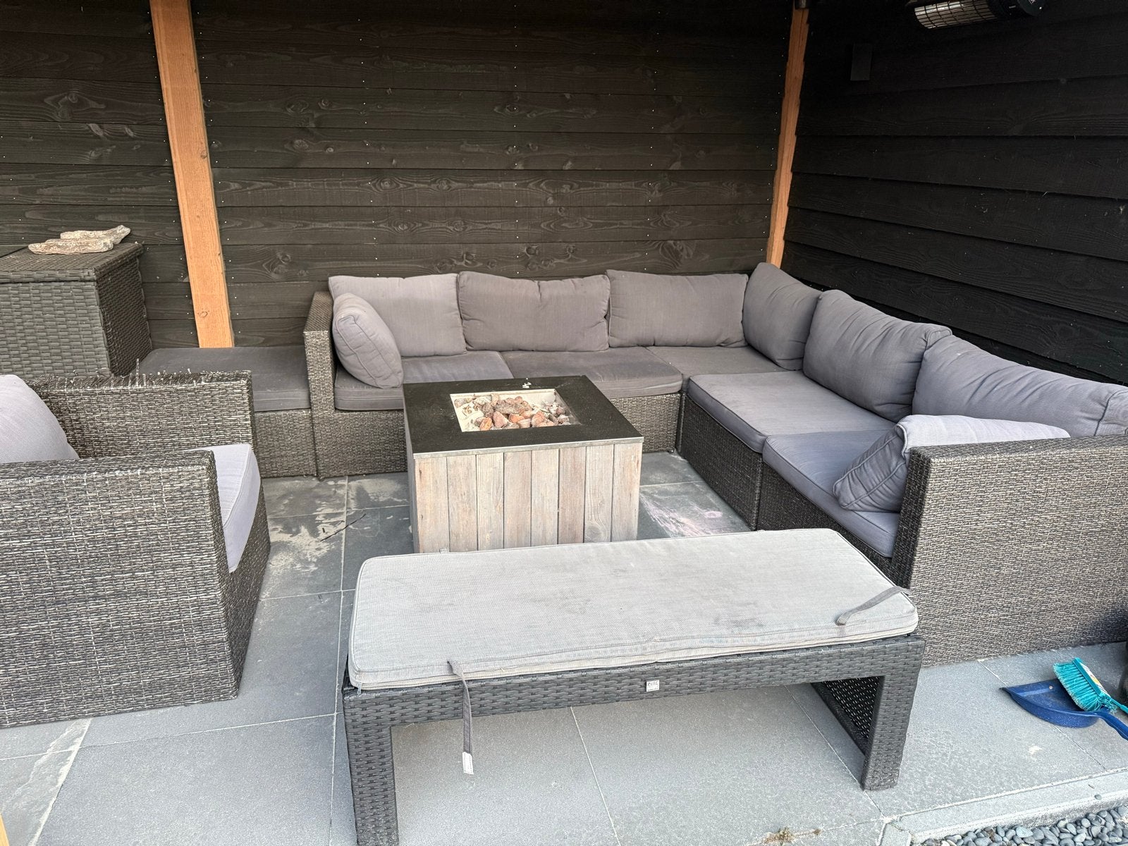 Grote Wicker Loungeset met Vuurtafel - Gebruikt, Ophalen, Gebruikt, Meer dan 8 zitplaatsen, Loungeset