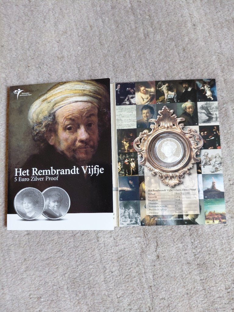 Zilveren Rembrandt Vijfje 5 euro zilver proof e.a., Postzegels en Munten, Munten | Nederland, Koningin Beatrix, Zilver, Euro's