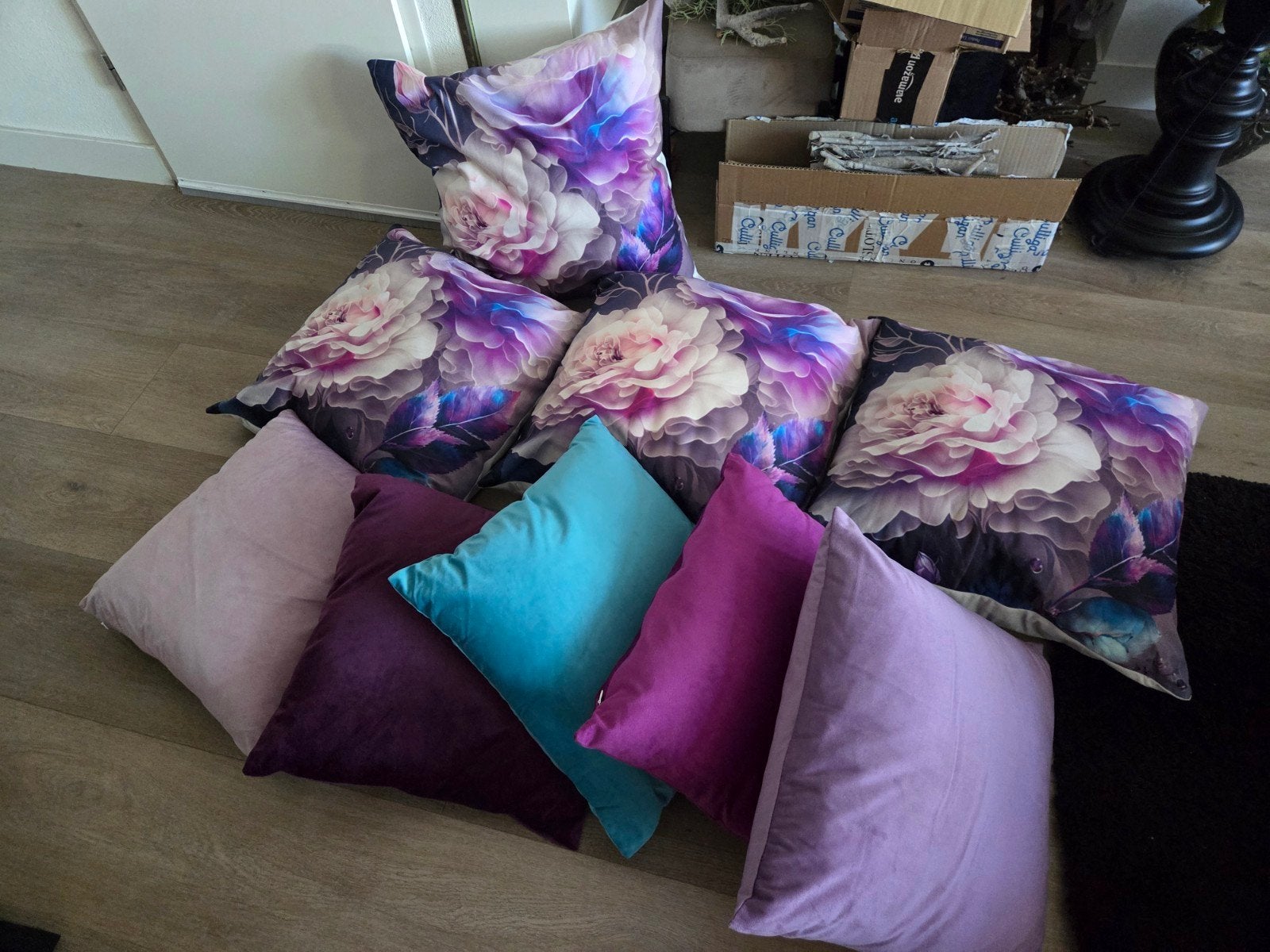 Diverse sierkussens - paars, roze, blauw, bloemenprint, Huis en Inrichting, Ophalen, Gebruikt, Meerkleurig, Met print