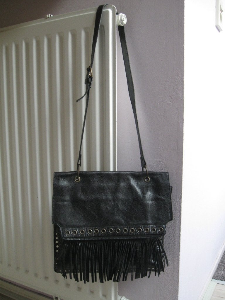 ABRO stoere zwart leren tas studs franje, Ophalen of Verzenden, Zo goed als nieuw, Zwart, Handtas