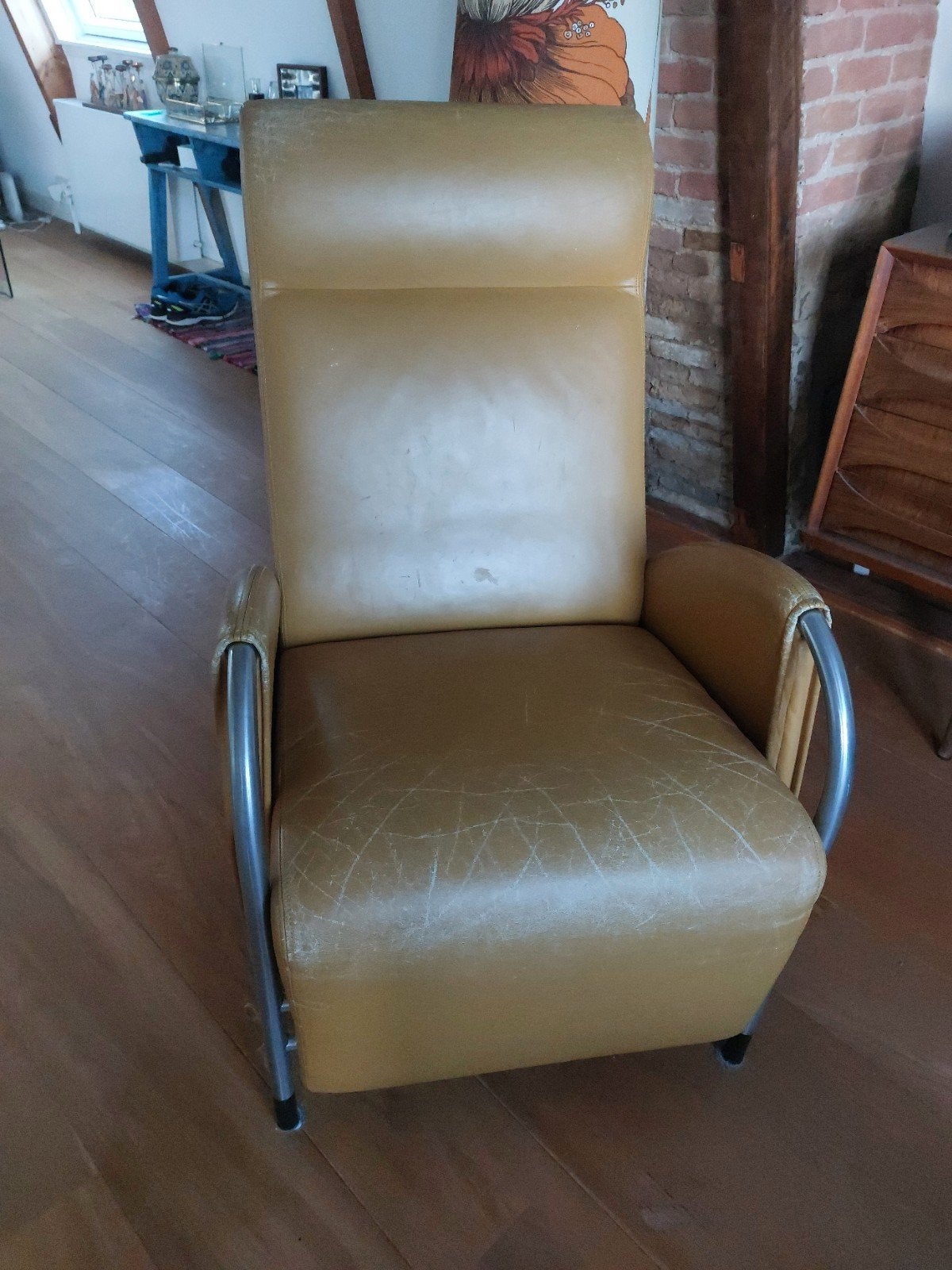 Vintage Fauteuil - Okergeel met Chromen Details, Huis en Inrichting, Ophalen, Gebruikt, 75 tot 100 cm, Vintage, Retro, Industrieel