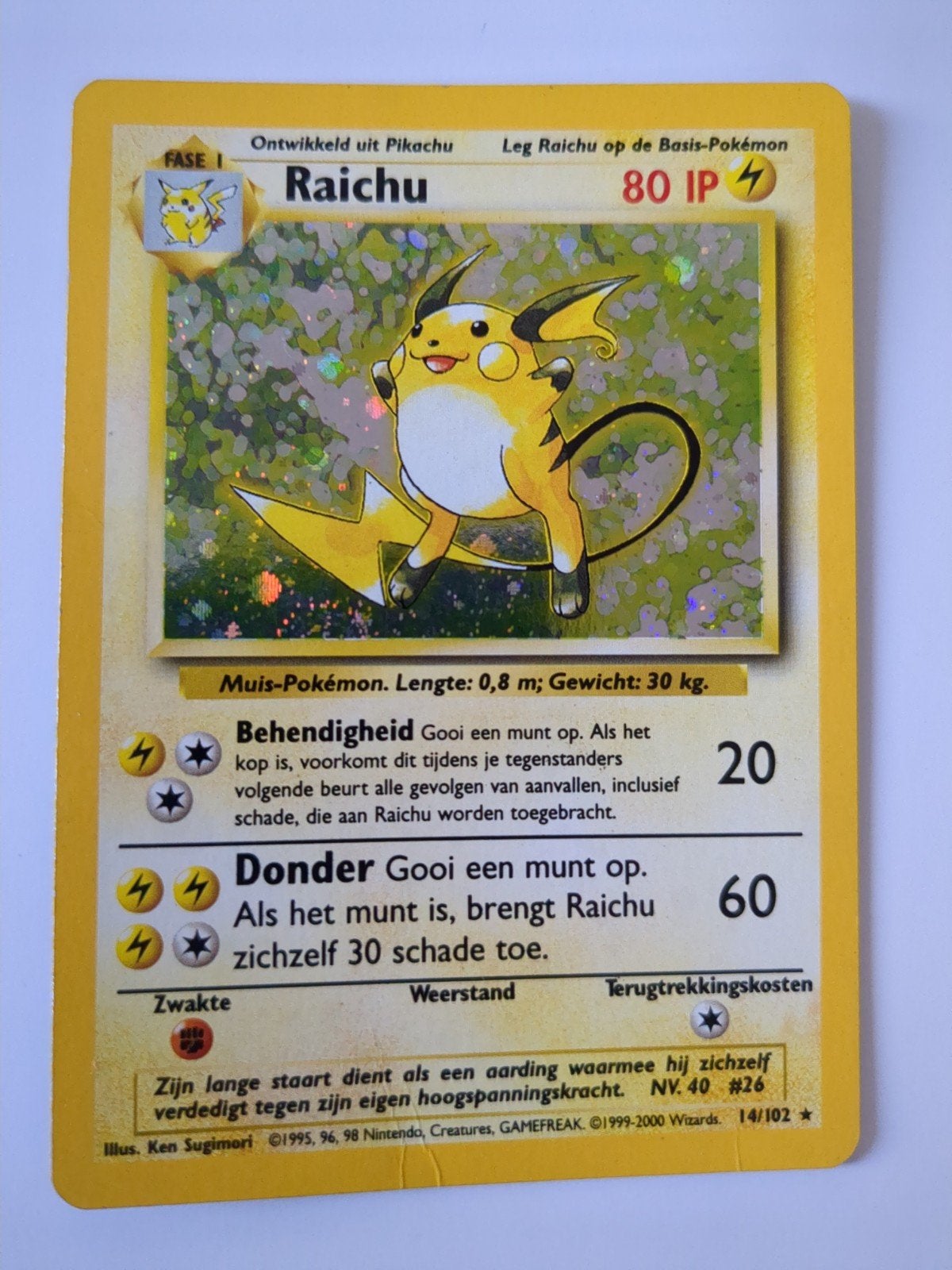 Pokémon Kaart Raichu 14/102 Holo - Base Set 2000, Hobby en Vrije tijd, Ophalen of Verzenden, Gebruikt, Losse kaart, Foil