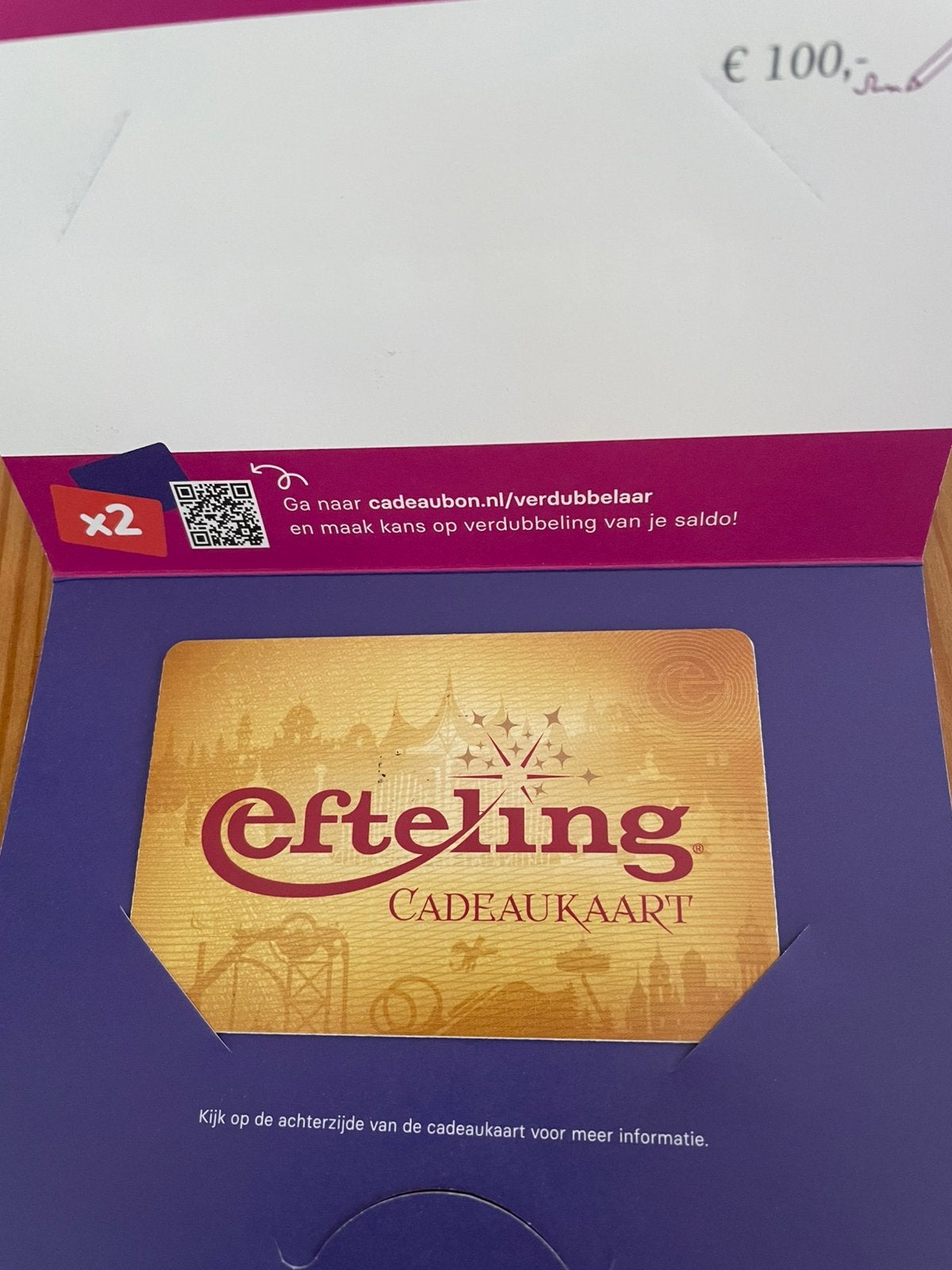 Efteling Cadeaukaart twv €100, Tickets en Kaartjes, Kortingen en Cadeaubonnen, Twee personen, Cadeaubon, Pretpark