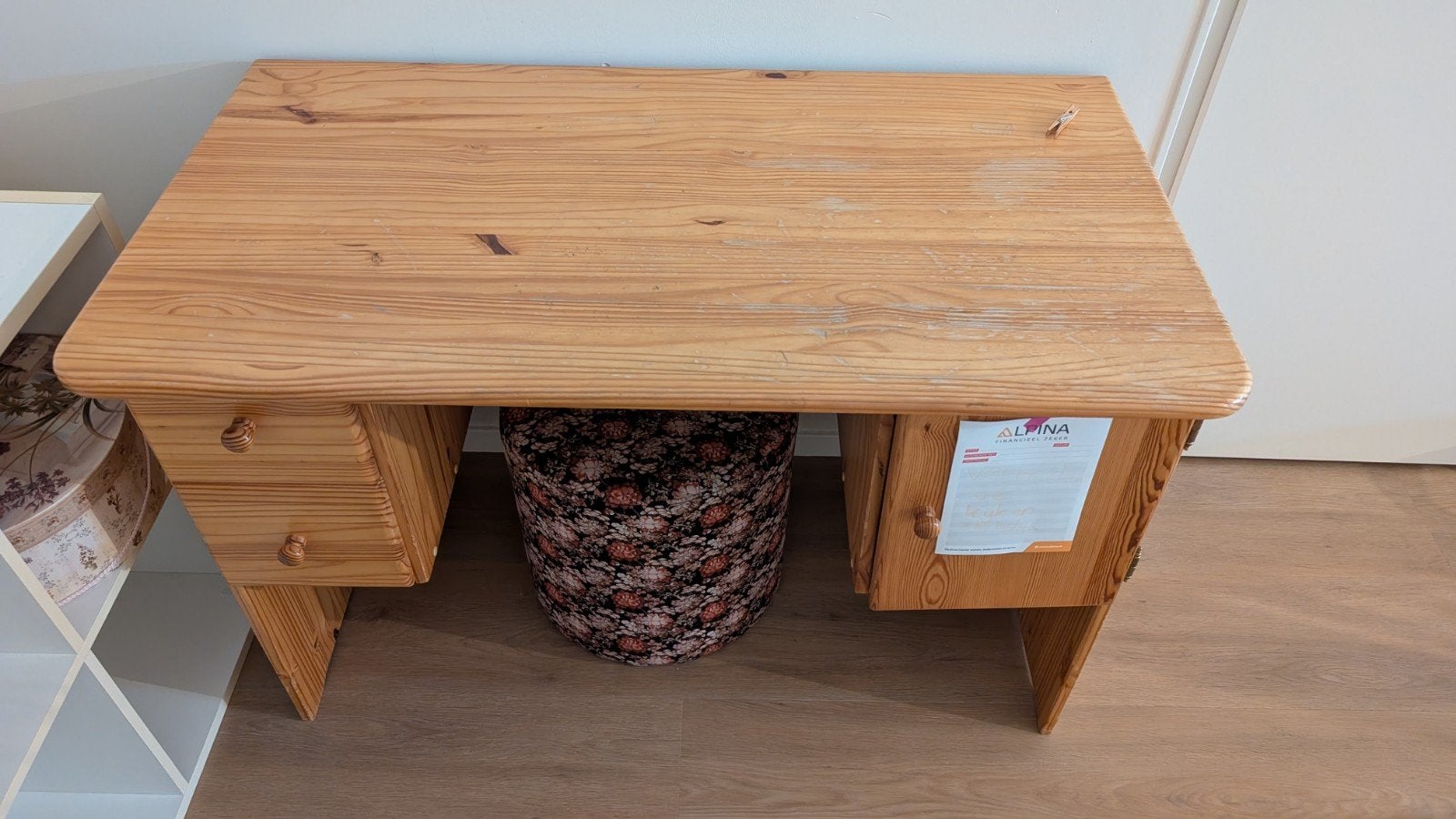 Compact houten bureau met lades en kastje, Ophalen, Gebruikt, Hout, Bruin