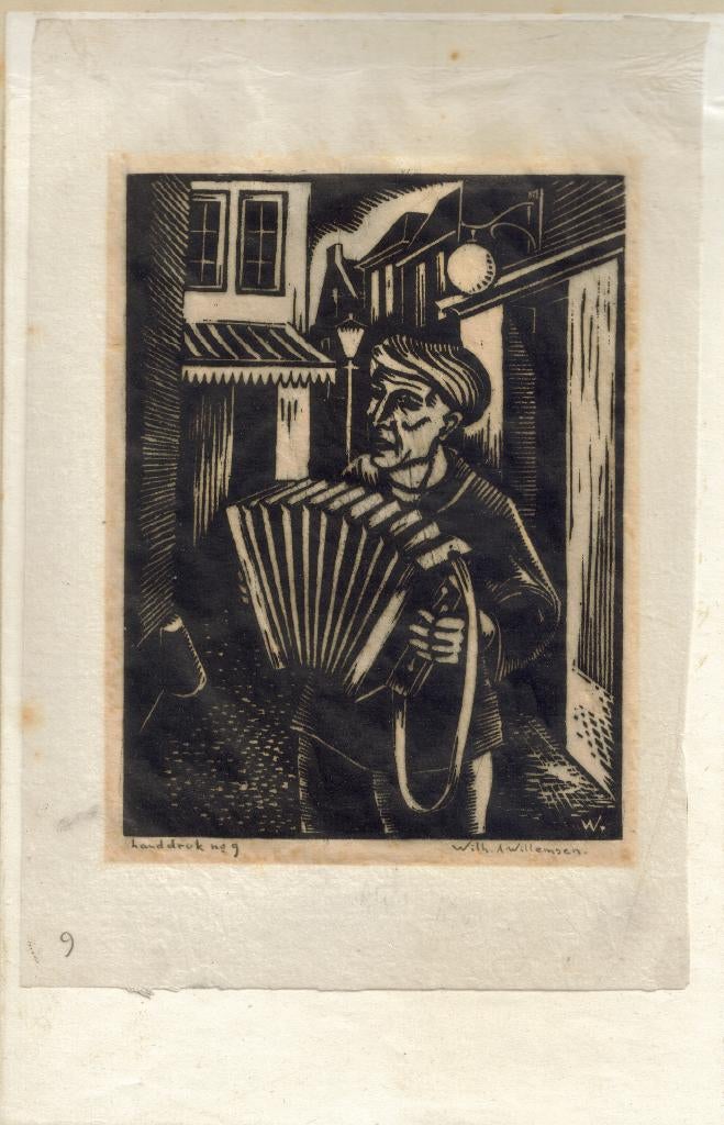 Wilhelm A. Willemsen houtsnede "Accordeonist" 1929, gesignee, Ophalen, Origineel, Dagelijks leven, Houtsnede