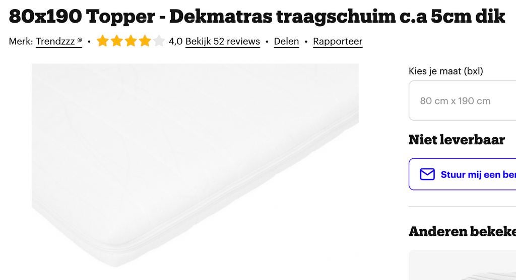 80x190 Topper - Dekmatras traagschuim c.a 5cm dik, Huis en Inrichting, Ophalen, Eenpersoons, 190 cm of minder, Zo goed als nieuw
