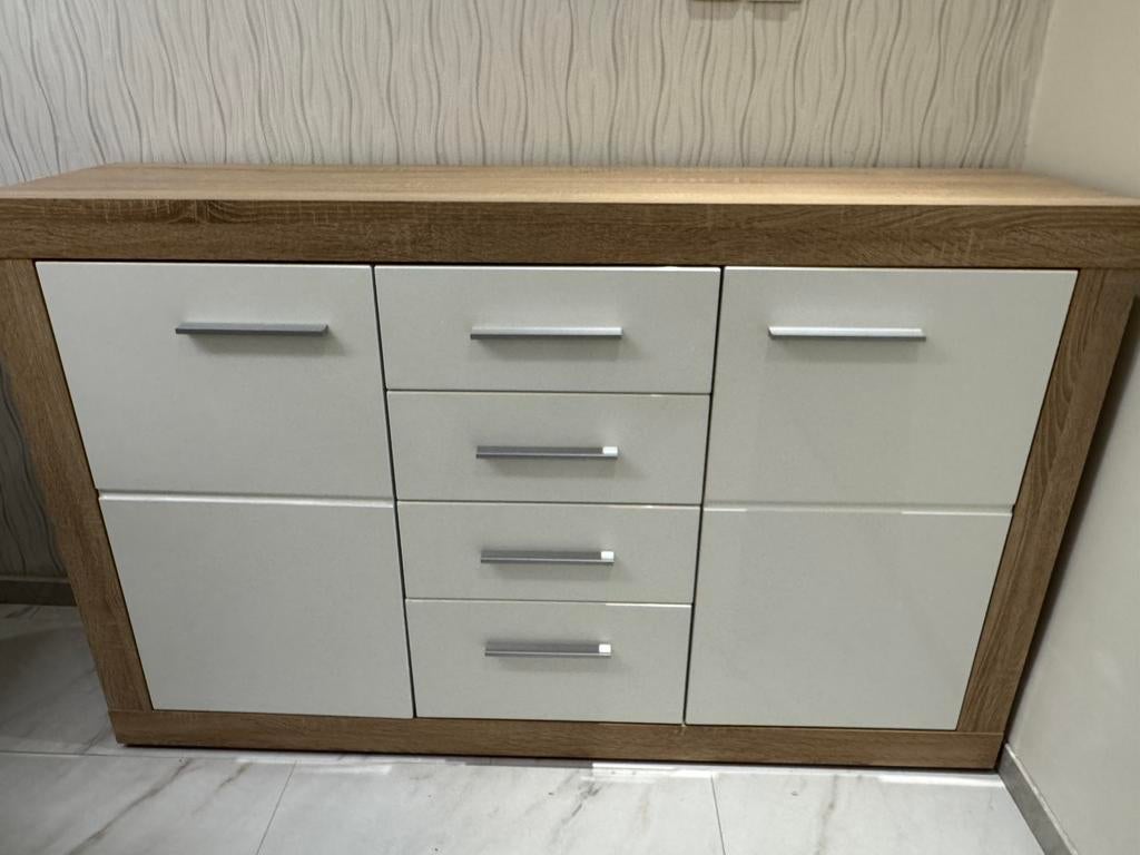 Modern dressoir kast houtlook & hoogglans wit, Ophalen of Verzenden, Zo goed als nieuw, 25 tot 50 cm, Metaal