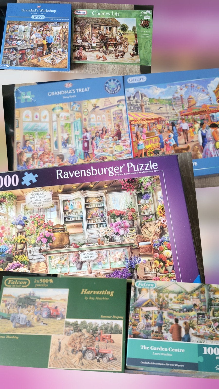 7 Legpuzzels: Gibsons, Ravensburger, Falcon, Ophalen of Verzenden, 500 t/m 1500 stukjes, Gebruikt, Legpuzzel