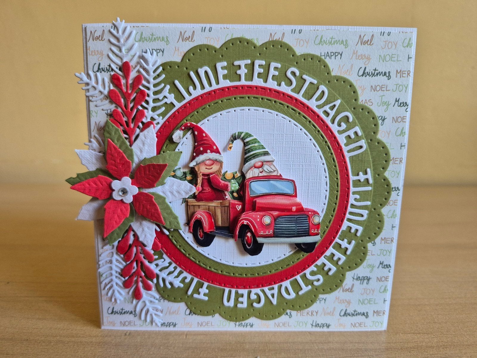 425a) zelfgemaakte kaart- kerst- gnome in auto, Ophalen of Verzenden, Nieuw, Kerst