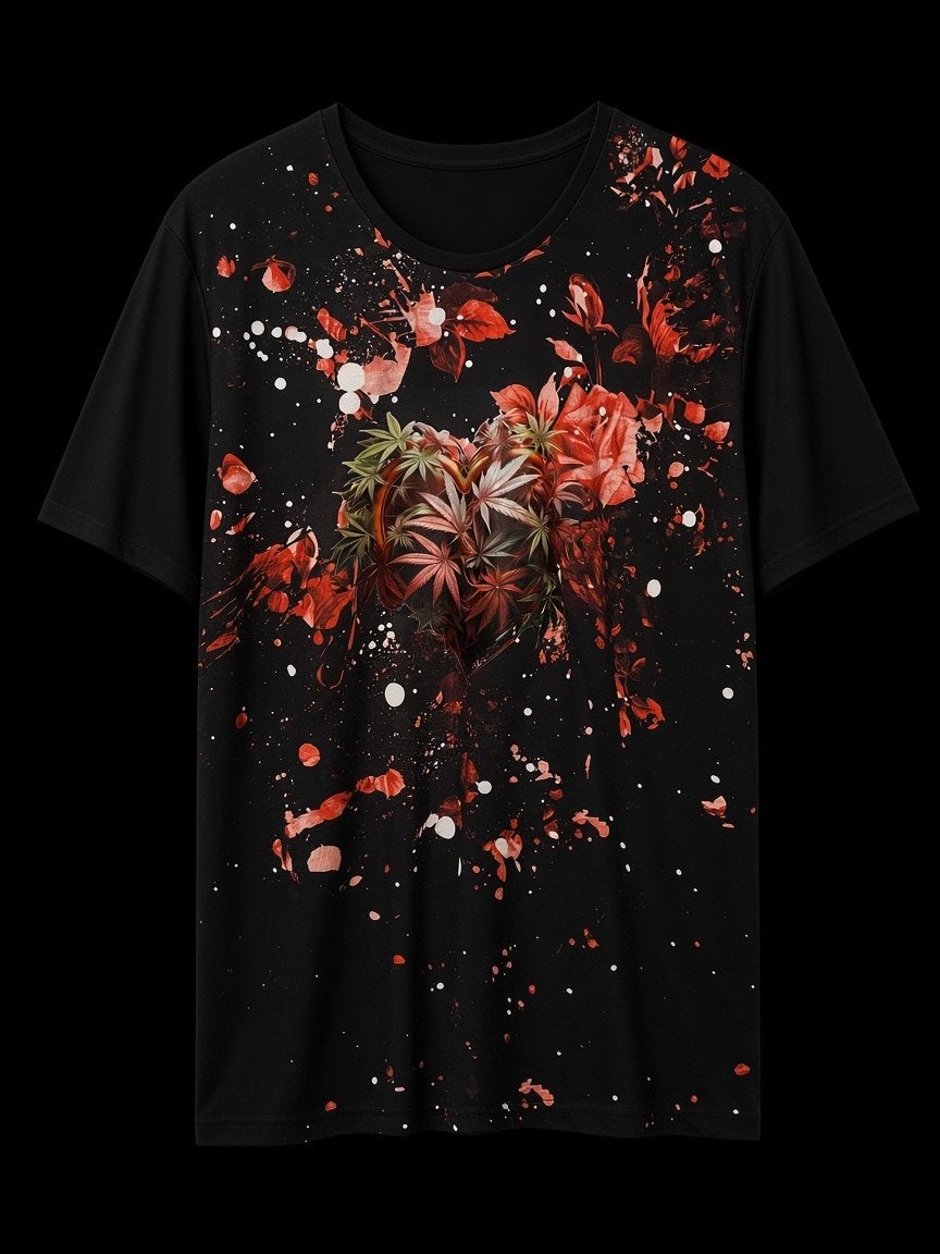 Zwart T-shirt met rode en cannabis  print, Kleding | Heren, Ophalen of Verzenden, Zo goed als nieuw, Overige maten, Zwart