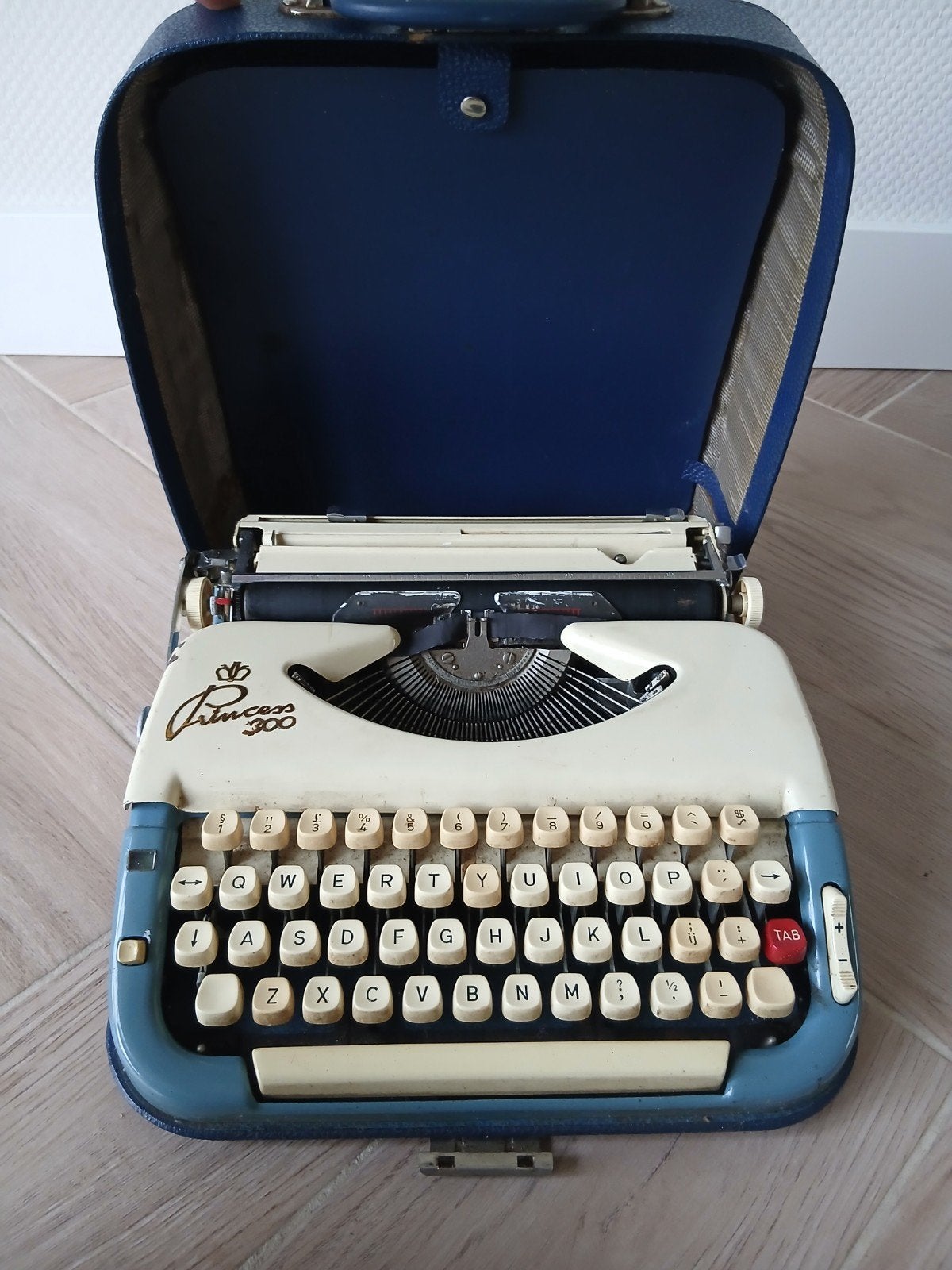 Vintage Princess 300 typemachine blauw/crème met originele k, Ophalen of Verzenden