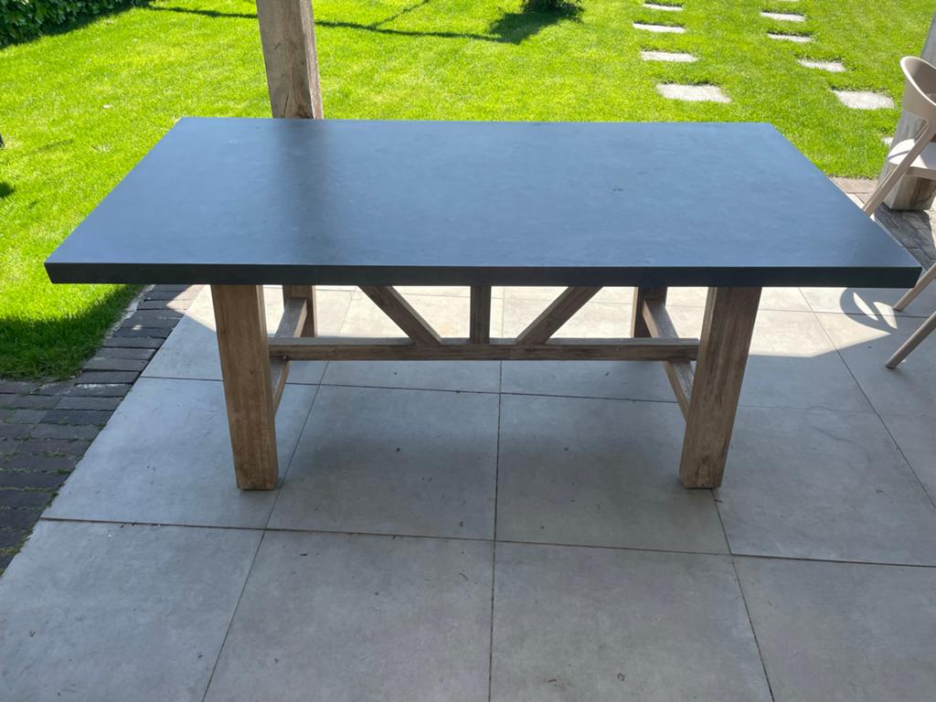Tuintafel met betonnen blad en houten onderstel, Ophalen, Gebruikt, Rechthoekig, Hout