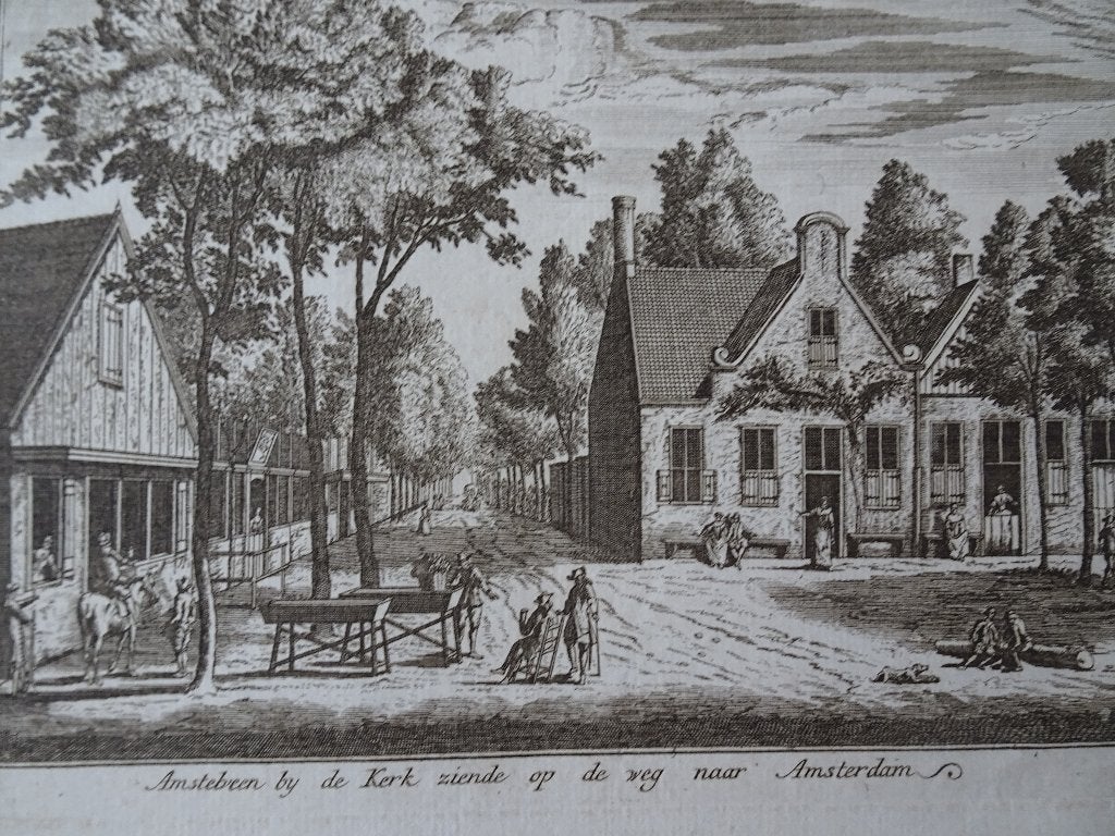 Gravure Amstelveen kerk richting Amsterdam Rademaker 1727, Antiek en Kunst, Stadsgezicht, Ophalen of Verzenden, Gravure, Origineel