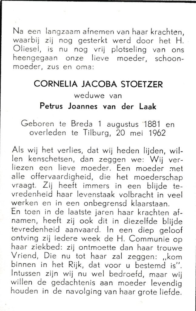 Stoetzer Cornelia 1881 Breda 1962 Tilburg, Ophalen of Verzenden, Bidprentje