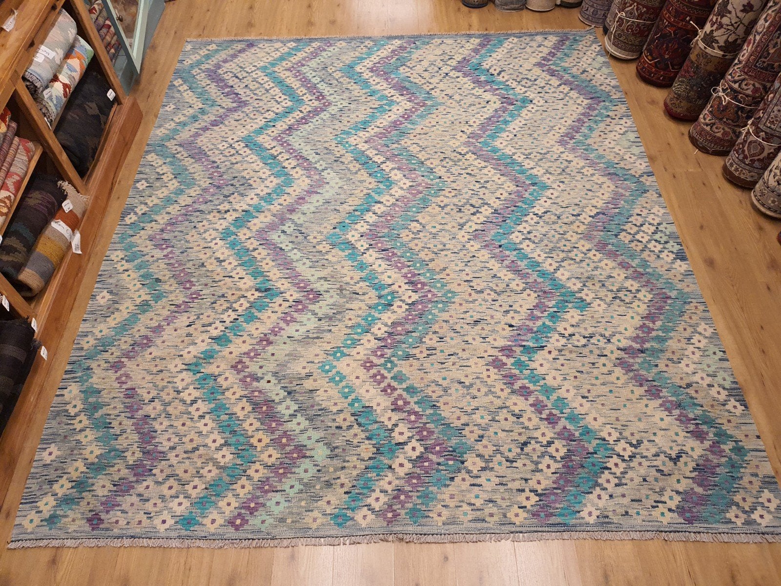 Prachtige handgeweven oosterse kelim 300x257, Groen, Vof Slats Antiek, Rechthoekig, Ophalen