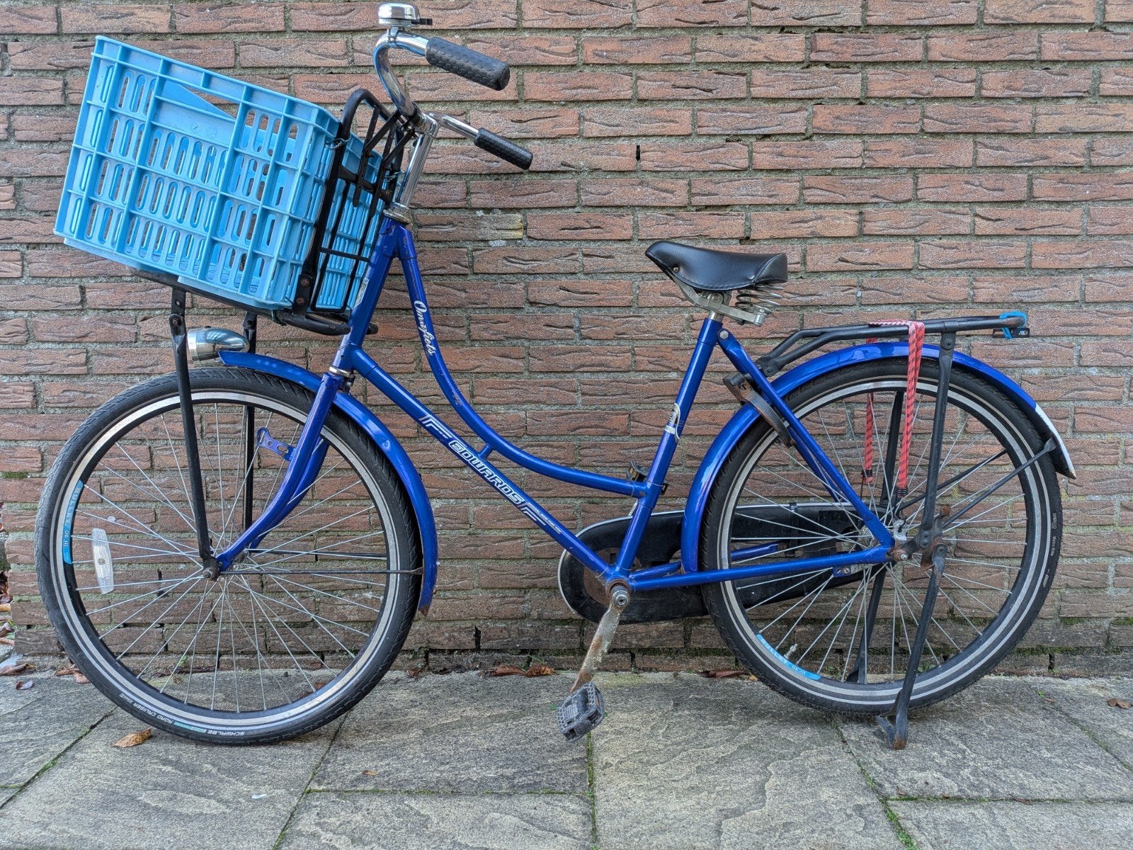 Blauwe damesfiets met voordrager en krat, Terugtraprem, Gebruikt, 50 tot 53 cm, Ophalen