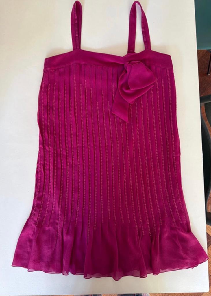 Flavio Castellani Fuchsia Pleated Mini Dress with Sequins, Zo goed als nieuw, Roze, Boven de knie, Ophalen