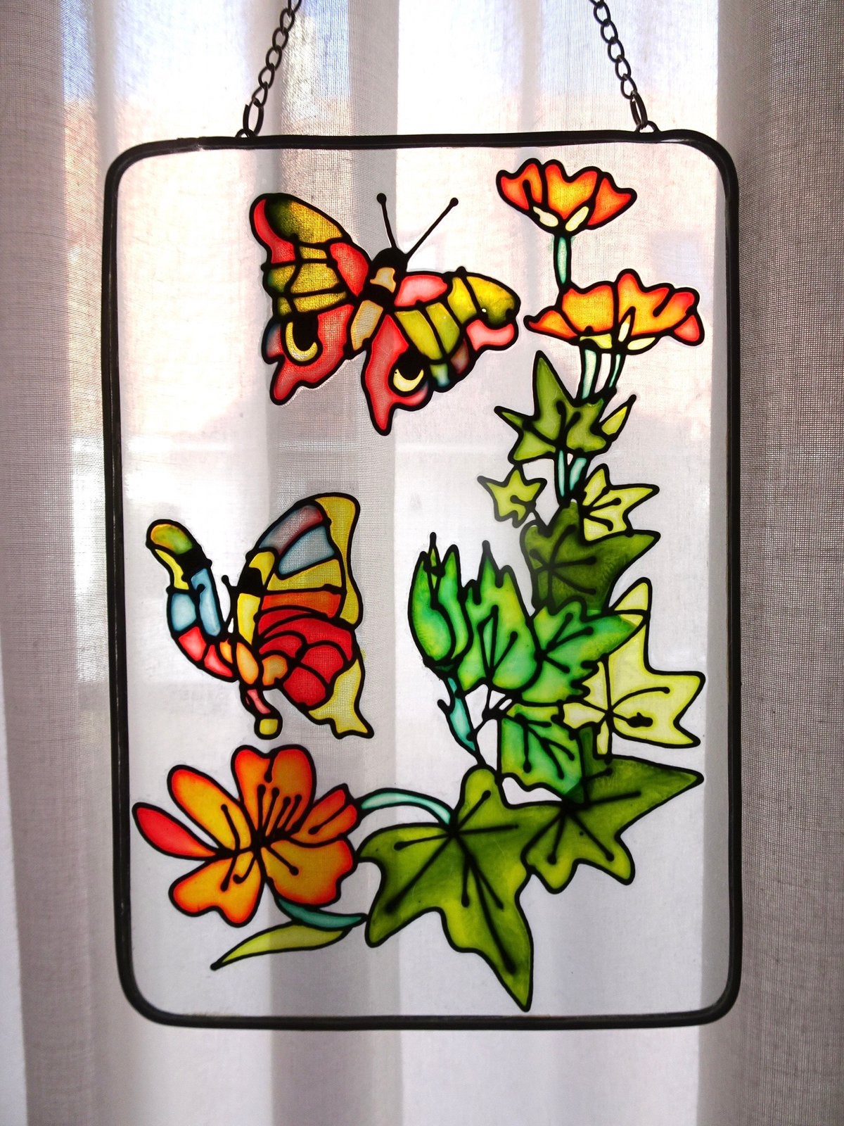 Vintage 70s raamhanger glas vlinders plant gekleurd design, Ophalen, Gebruikt, Wandhanger, 14 cm