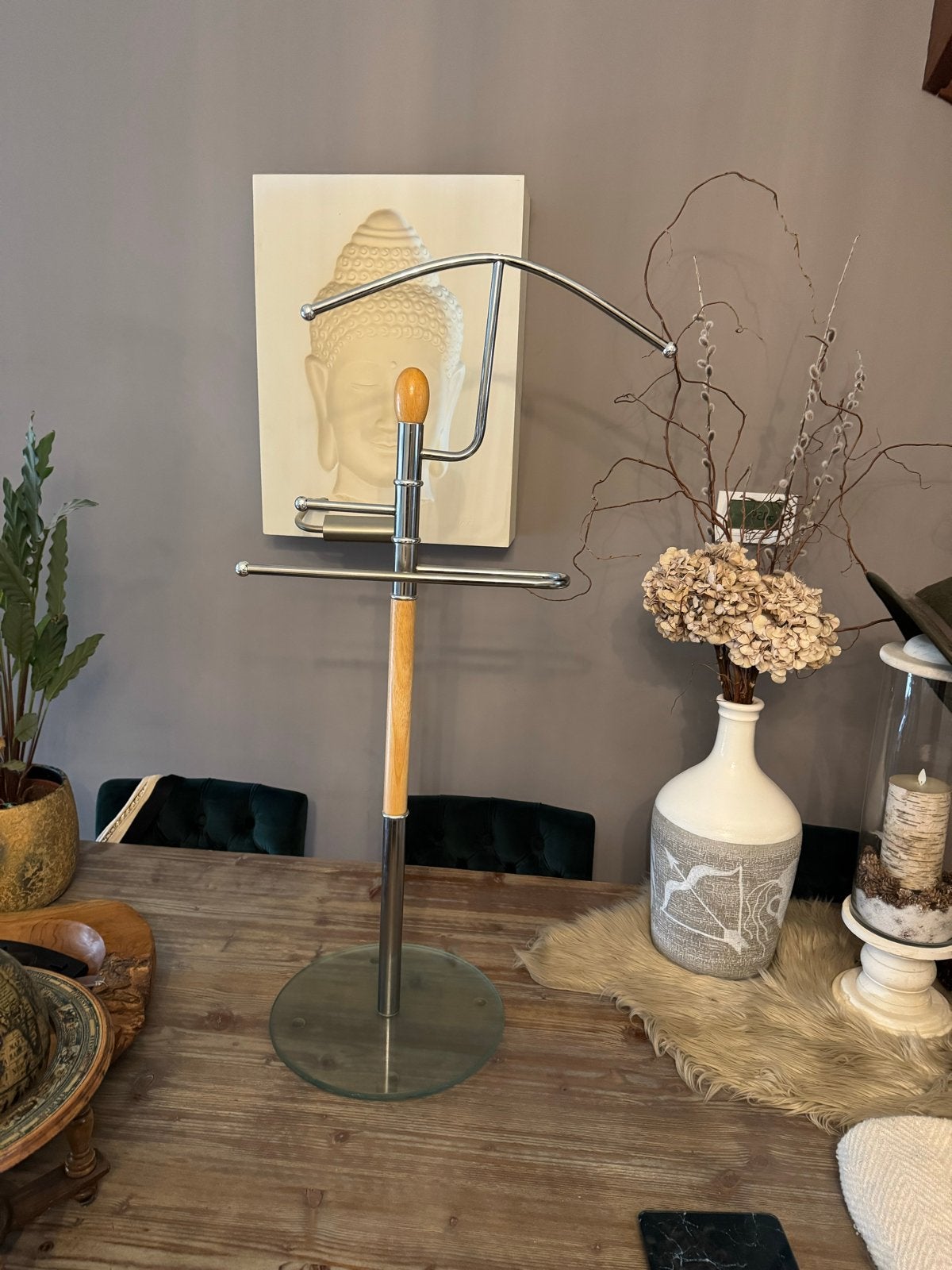 Moderne staande kapstok met glas, hout en metaal, 100 tot 150 cm, Ophalen of Verzenden, Staande kapstok, Glas