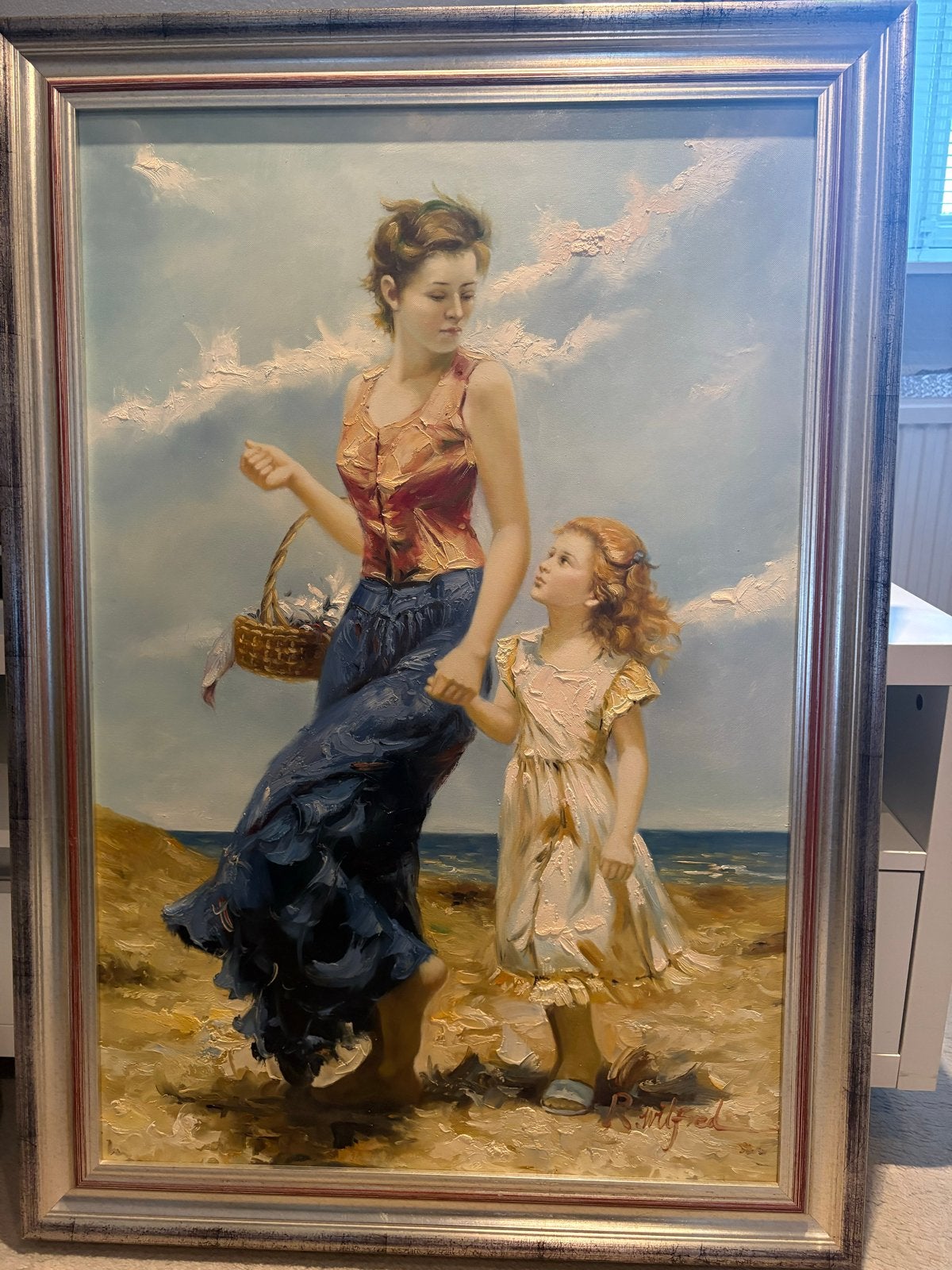 Prachtig schilderij: Moeder en dochter aan zee, Antiek en Kunst, Ophalen, Doek, Portret of Personen, Realistisch