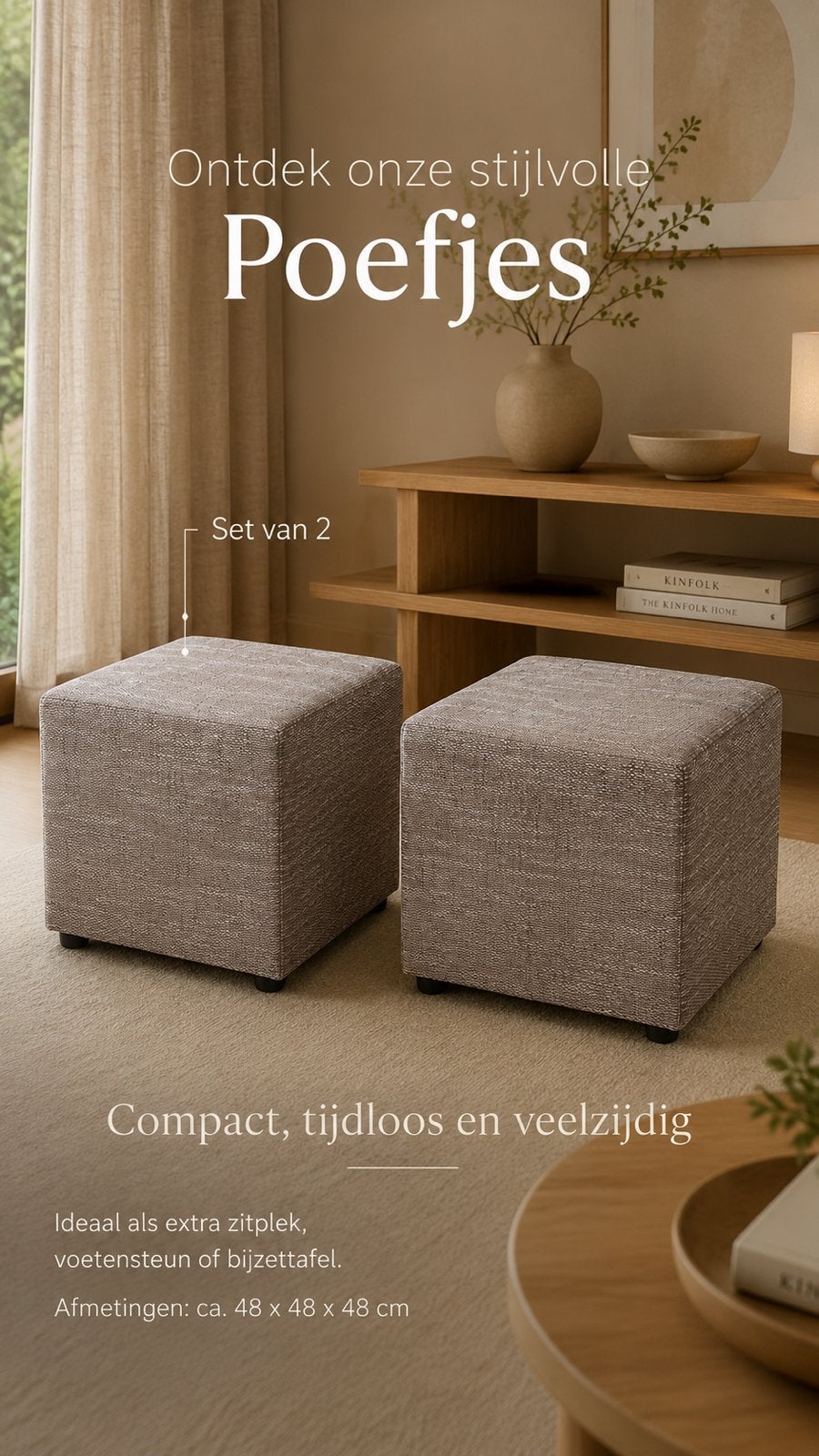 2 nieuwe beige poefjes krukjes, Huis en Inrichting, Banken | Voetenbanken en Poefen, Ophalen, Japandi, Minder dan 50 cm, Vierkant