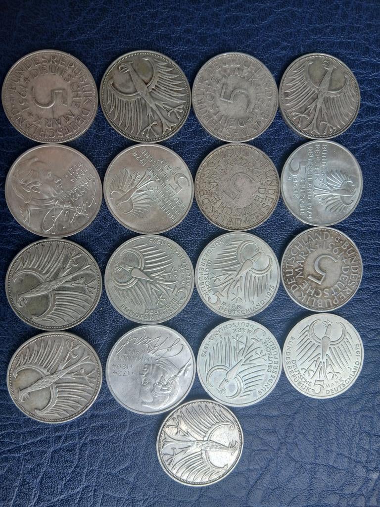 17x Zilveren 5 Mark Munten Duitsland, Verzenden, Duitsland, Setje, Zilver