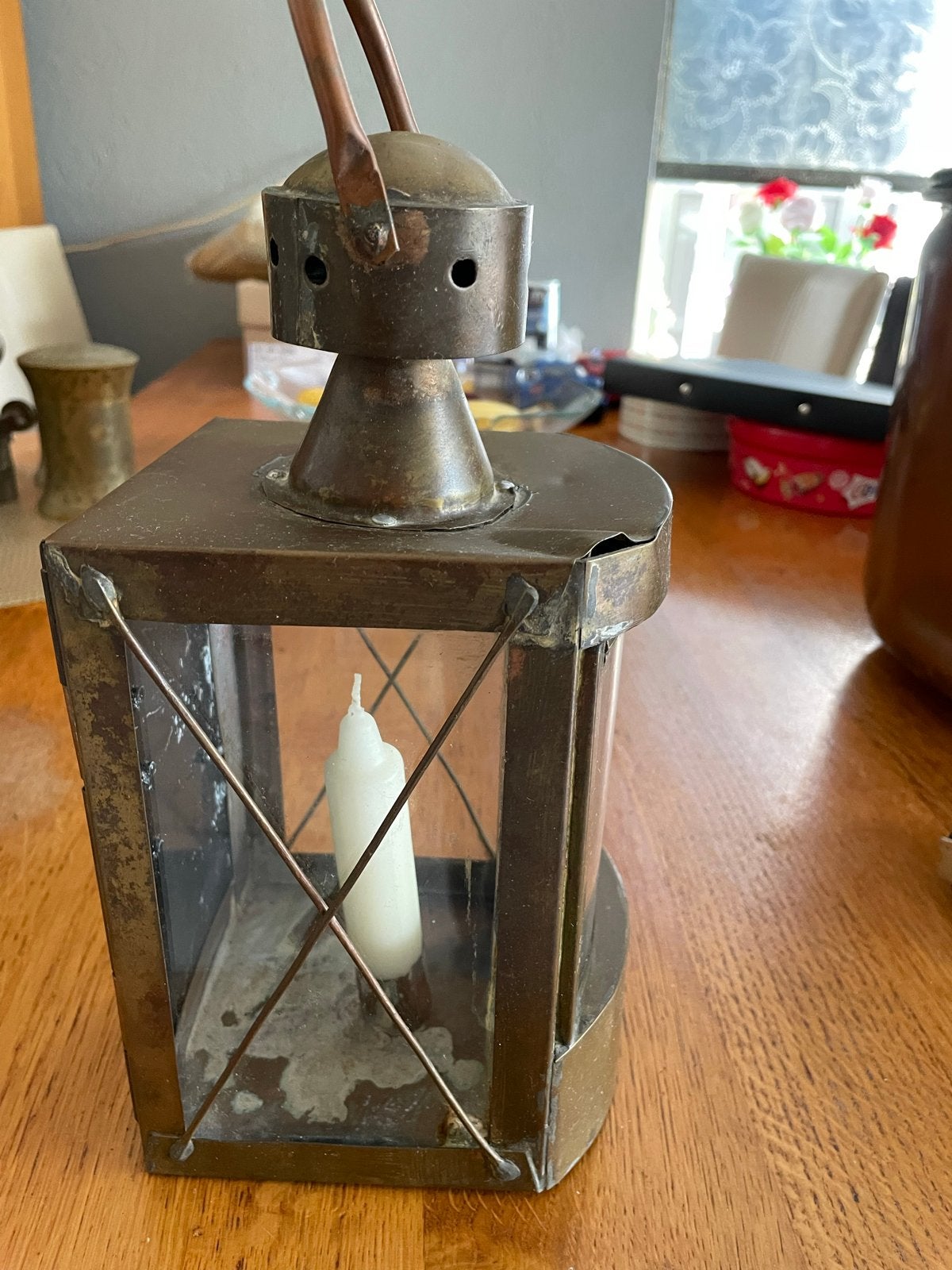 Antieke koperen scheepslantaarn met kaars, Antiek en Kunst, Ophalen of Verzenden