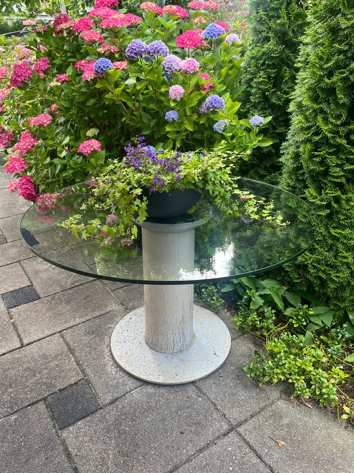 Glazen tuintafel met robuuste voet, Ophalen, Gebruikt, 100 tot 150 cm, Rond
