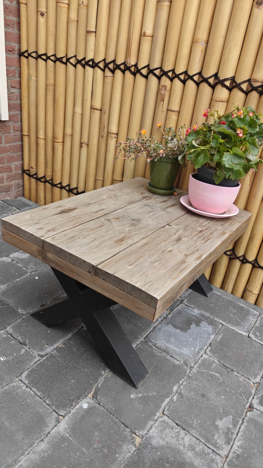 Steigerhouten eettafel en salontafel met X-poten, Ophalen