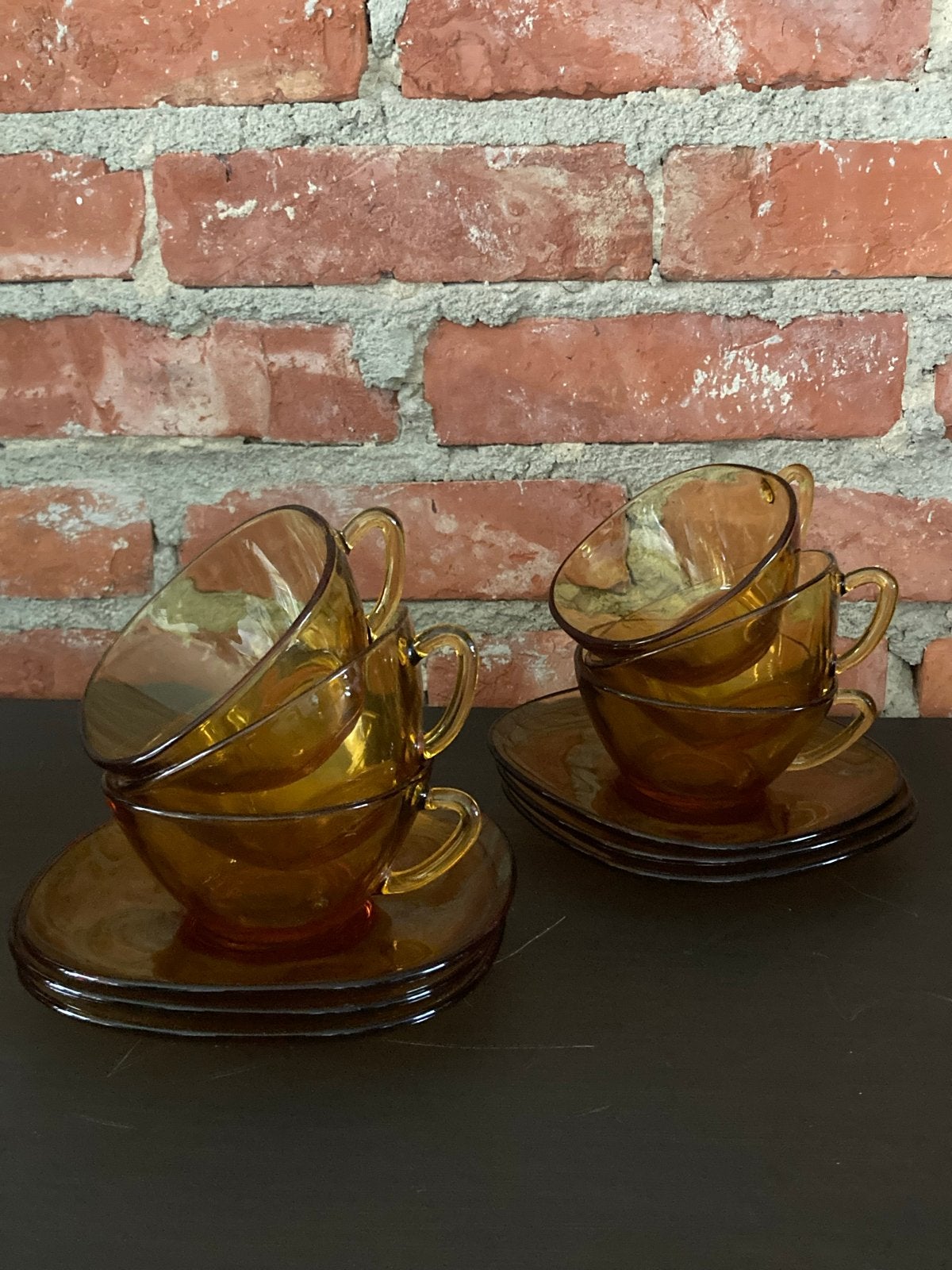 Vintage Amberkleurige Glazen Kop en Schotel Set (6 stuks), Ophalen