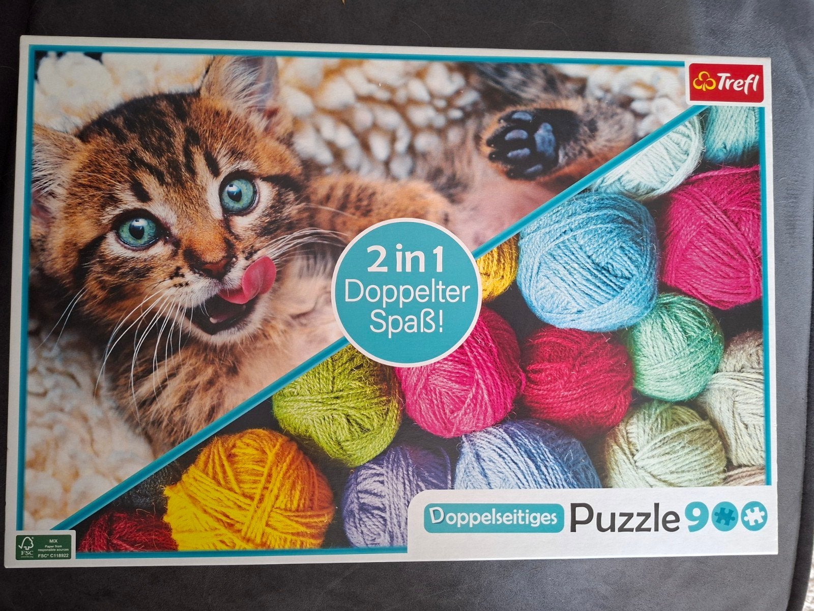 Trefl puzzel 900 stukjes Dubbelzijdige puzzel katje / wol, Ophalen of Verzenden, 500 t/m 1500 stukjes, Zo goed als nieuw, Legpuzzel