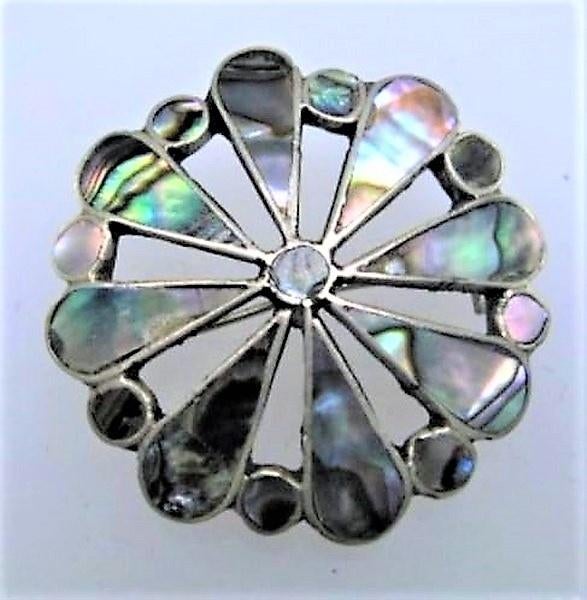 Opengewerkt abalone broche, alpacca, Mexico (7879-4620), Sieraden, Tassen en Uiterlijk, Broches, Ophalen, Zo goed als nieuw, Zilver