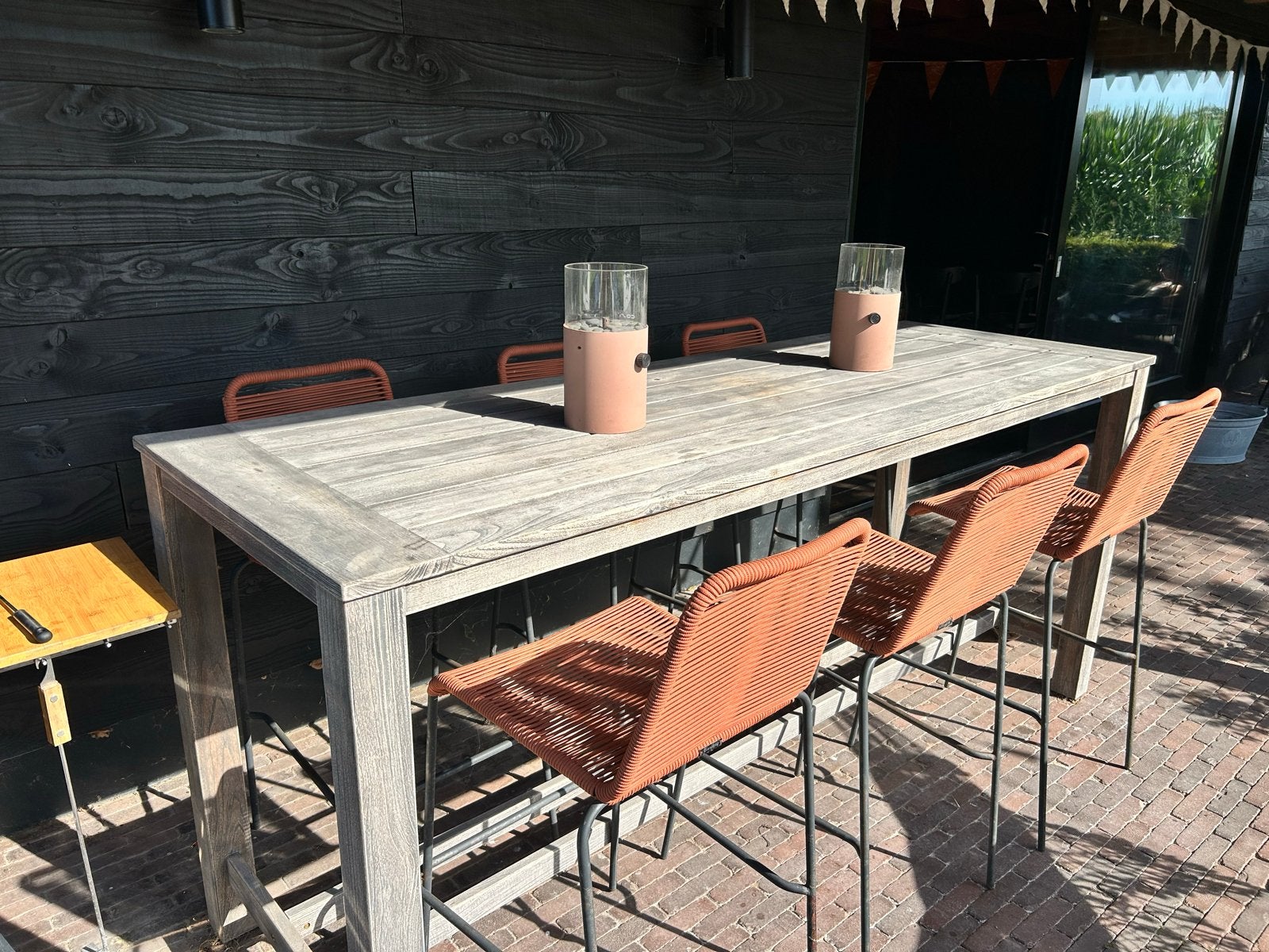 Roughy Furniture Bartafel met 6 barkrukken, Tuin en Terras, Tuintafels, Ophalen, Zo goed als nieuw, Rechthoekig, Teakhout