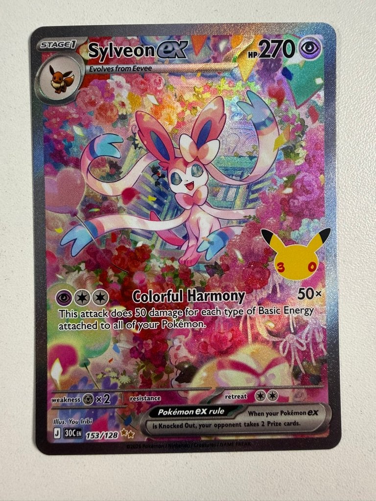 153/128 Sylveon EX 30th Celebration Pokemon Kaart, Ophalen of Verzenden, Nieuw, Losse kaart