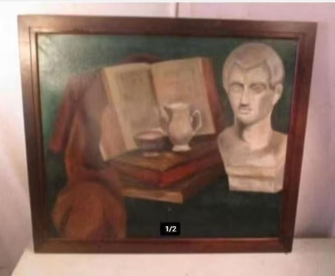 Mooi Oud Geschilderd Stilleven 'Borstbeeld + Boeken' - 78x68, Ophalen of Verzenden, Olieverf, Stilleven, Doek