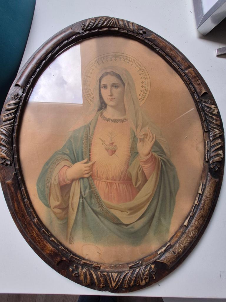 Antieke Maria afbeelding in ovale houten lijst, Antiek en Kunst, Antiek | Religie, Ophalen of Verzenden